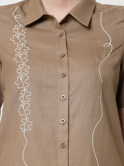 Dark Beige Long Tunic With Puzzle Embroidery