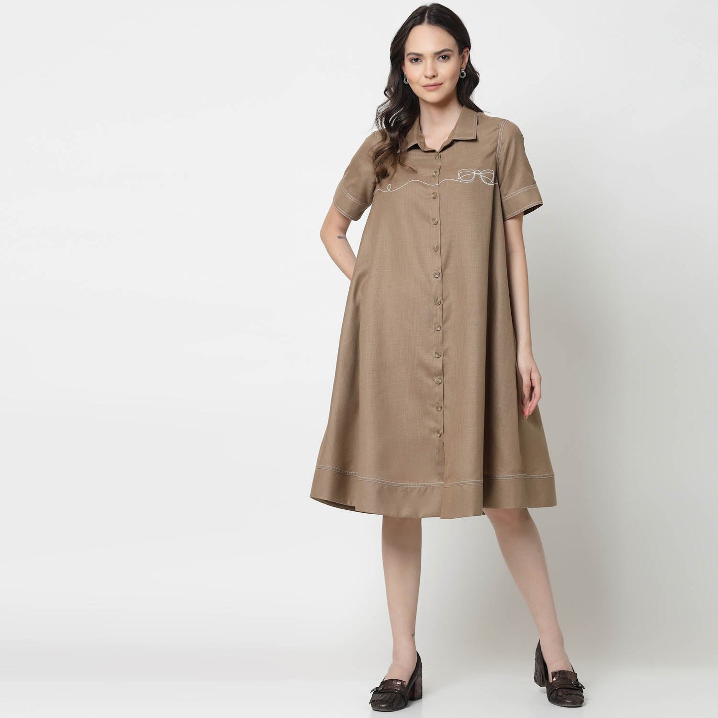 Dark Beige Dress With Embroidered Spectacles