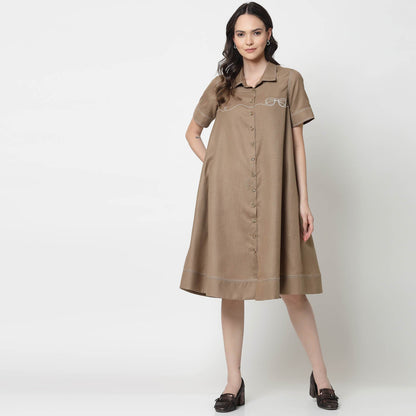 Dark Beige Dress With Embroidered Spectacles
