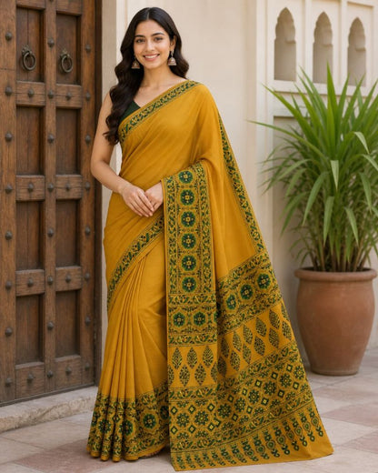 Modal Silk Ajrakh Natural Hand-Block Printed Saree