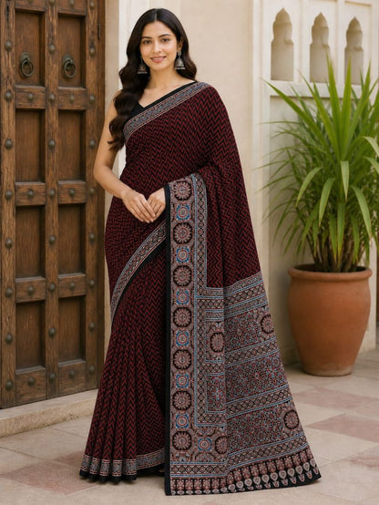 Modal Silk Ajrakh Natural Hand-Block Printed Saree