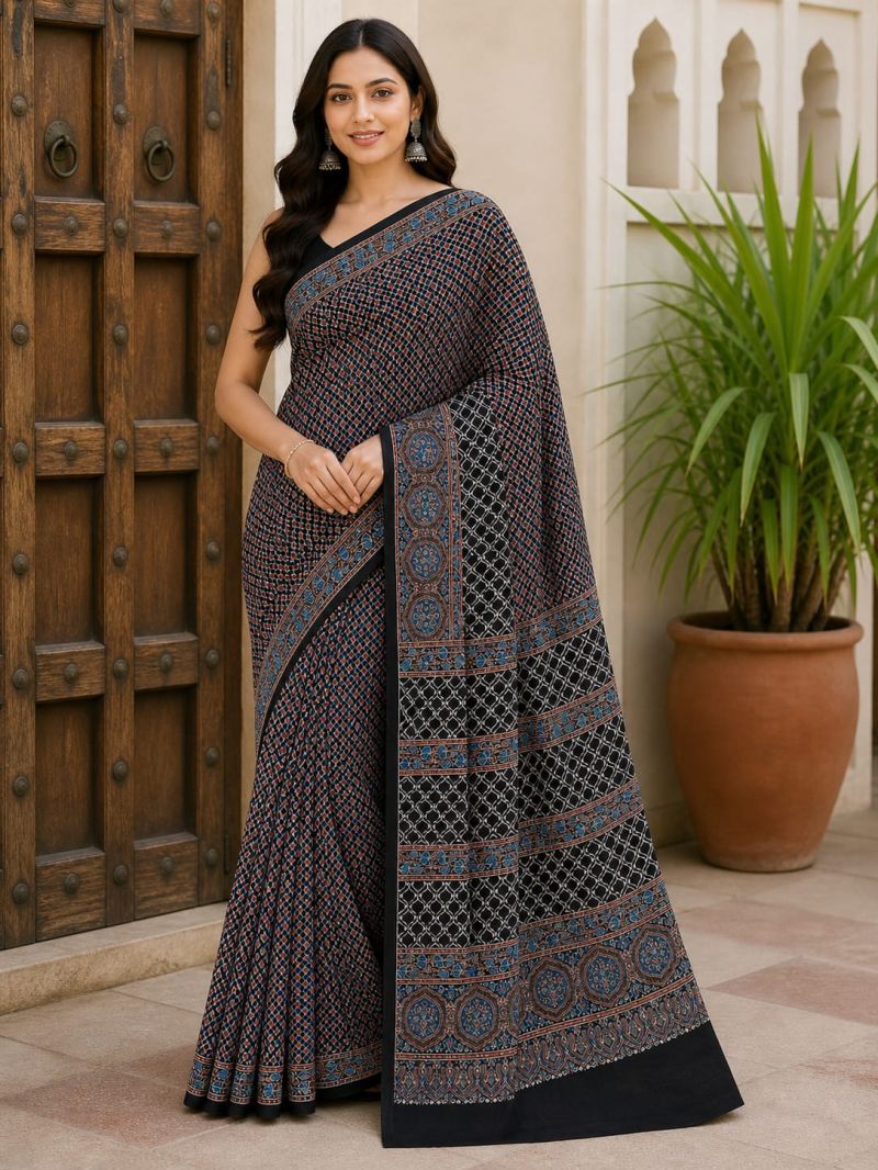 Modal Silk Ajrakh Natural Hand-Block Printed Saree