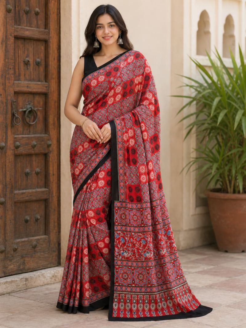 Modal Silk Ajrakh Natural Hand-Block Printed Saree