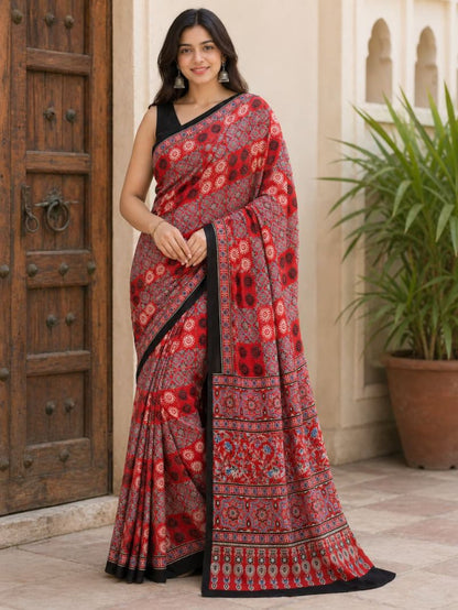 Modal Silk Ajrakh Natural Hand-Block Printed Saree