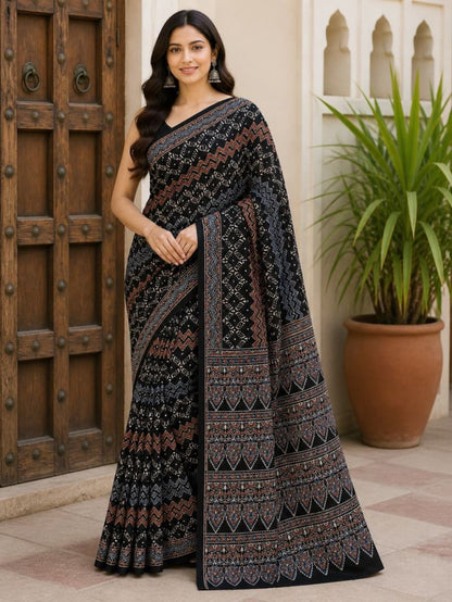 Modal Silk Ajrakh Natural Hand-Block Printed Saree
