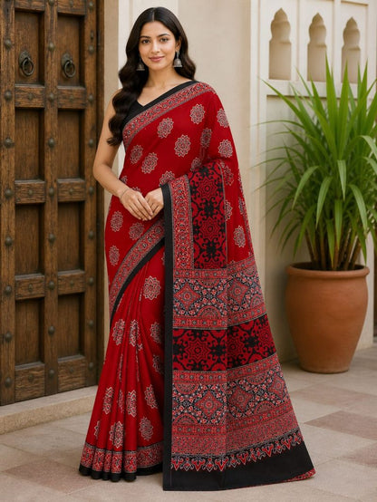 Modal Silk Ajrakh Natural Hand-Block Printed Saree
