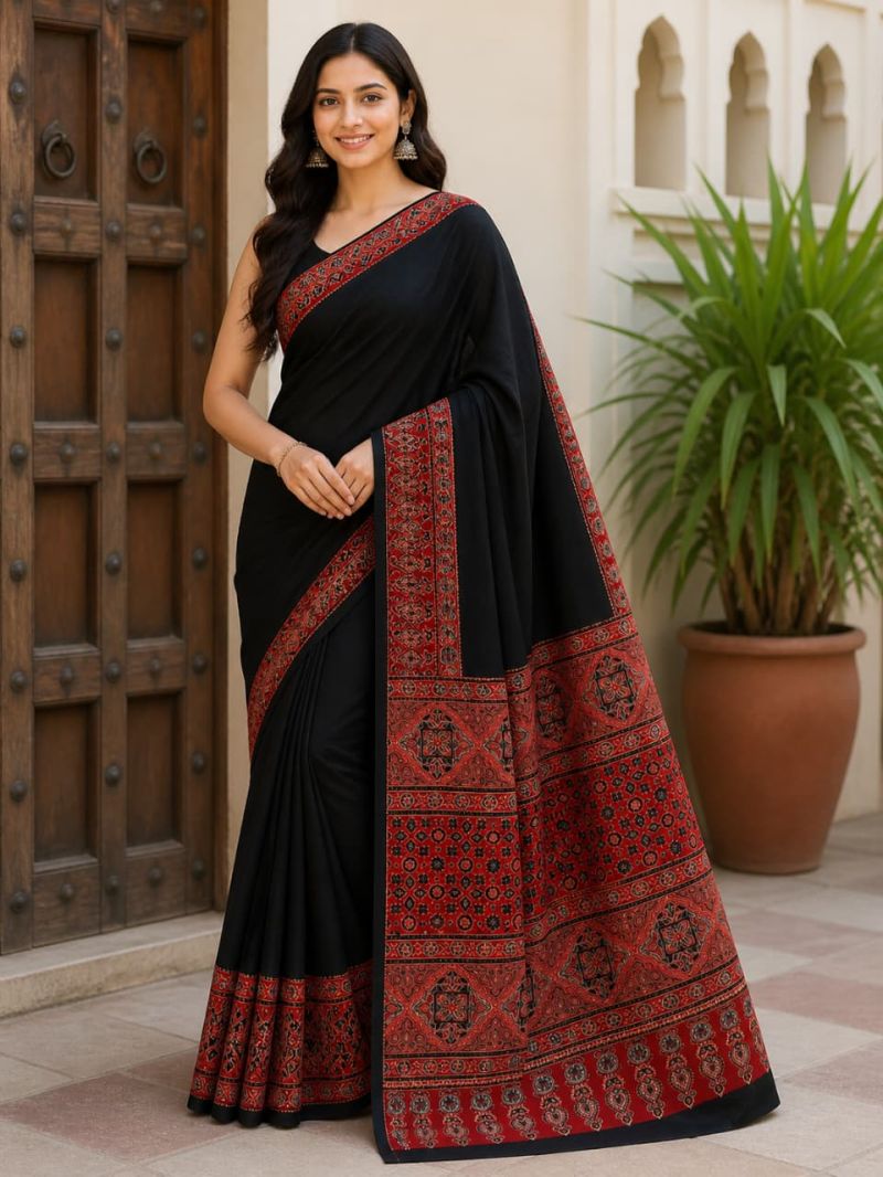 Modal Silk Ajrakh Natural Hand-Block Printed Saree