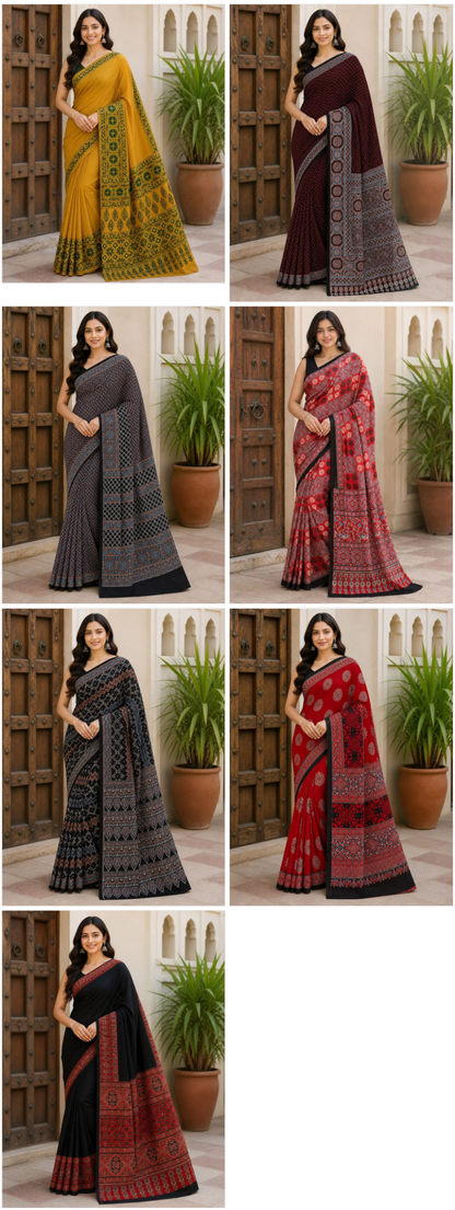 Modal Silk Ajrakh Natural Hand-Block Printed Saree