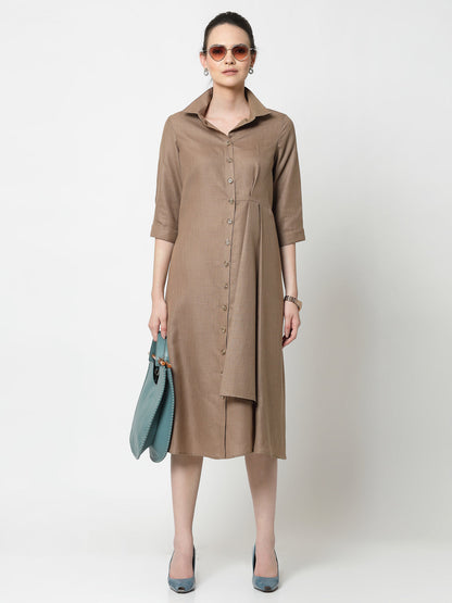 Dark Beige Cotton Pleated Long Dress