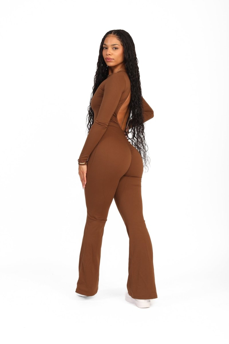 ATB Long Sleeve Open Back Flare Jumpsuits