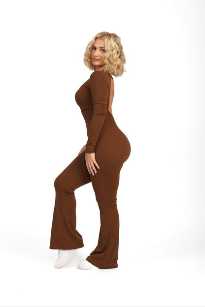 ATB Long Sleeve Open Back Flare Jumpsuits