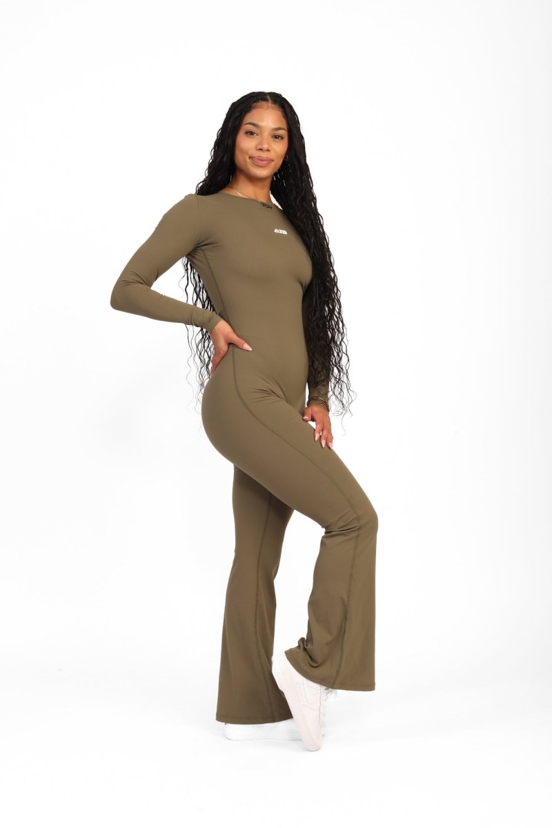 ATB Long Sleeve Open Back Flare Jumpsuits