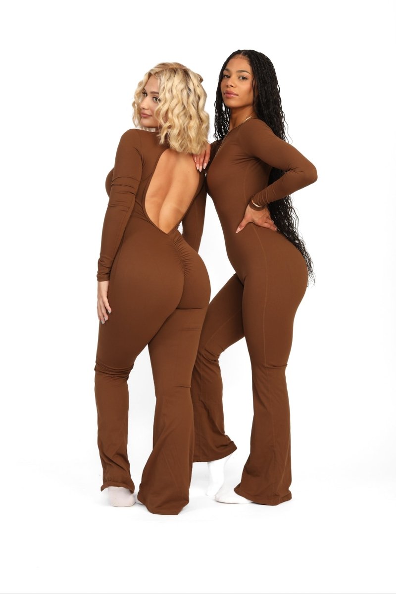 ATB Long Sleeve Open Back Flare Jumpsuits