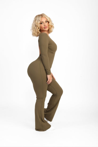 ATB Long Sleeve Open Back Flare Jumpsuits