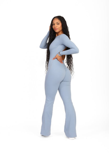 ATB Long Sleeve Open Back Flare Jumpsuits
