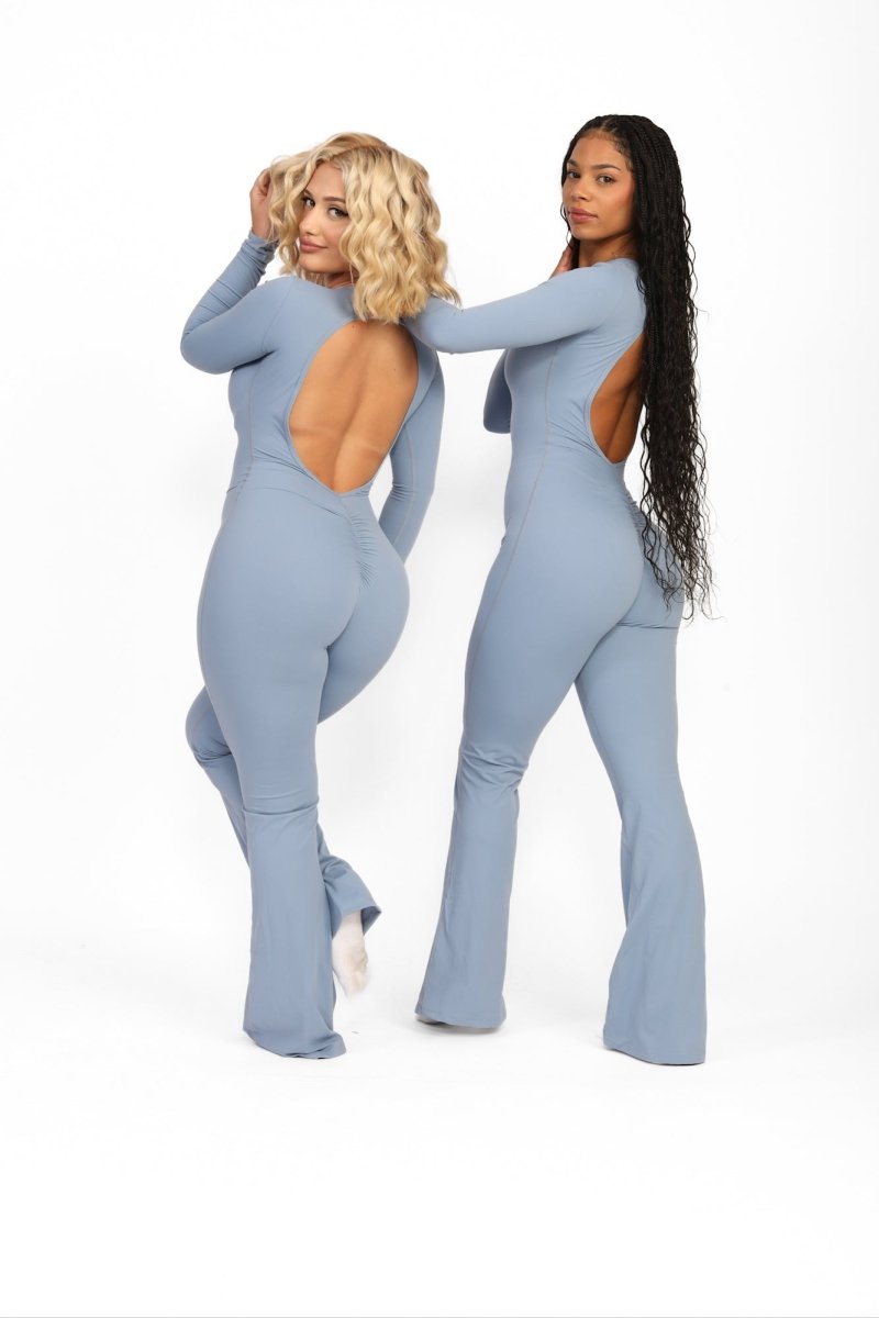 ATB Long Sleeve Open Back Flare Jumpsuits