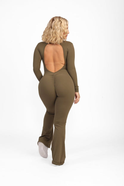 ATB Long Sleeve Open Back Flare Jumpsuits