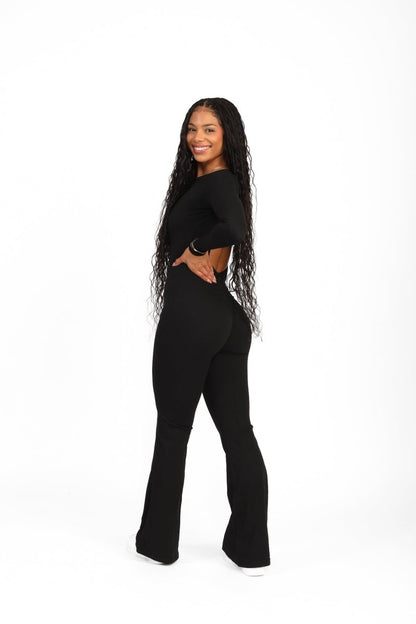 ATB Long Sleeve Open Back Flare Jumpsuits