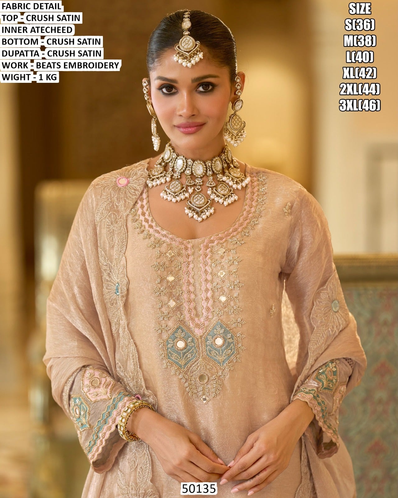 Elegant Sage Green Embroidered Crush Satin 3-Piece Suit with Dupatta Beige