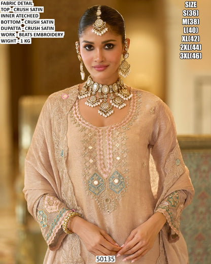 Elegant Sage Green Embroidered Crush Satin 3-Piece Suit with Dupatta Beige
