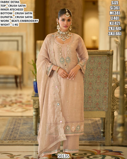 Elegant Sage Green Embroidered Crush Satin 3-Piece Suit with Dupatta Beige
