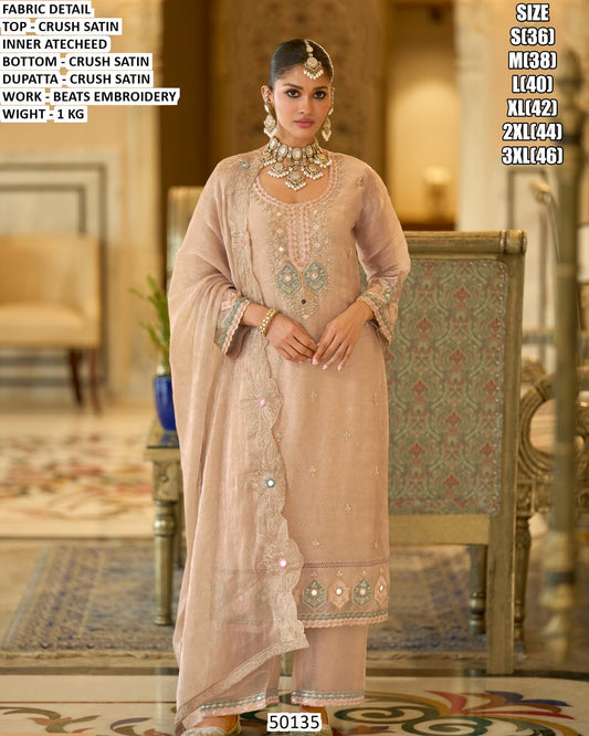 Elegant Sage Green Embroidered Crush Satin 3-Piece Suit with Dupatta Beige