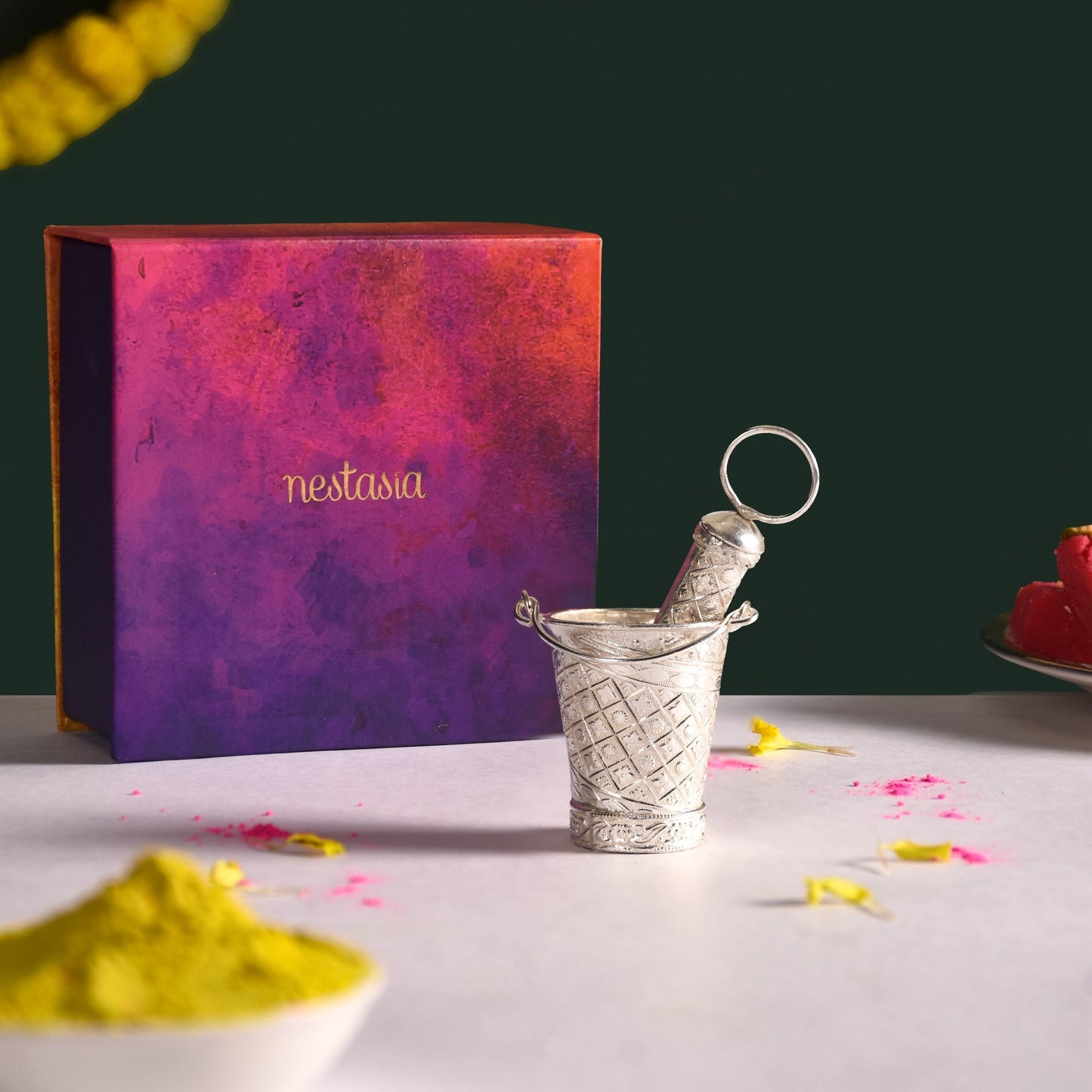 Silver Holi Mini Pichkari And Bucket Set Of 2 With Gift Box