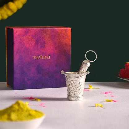 Silver Holi Mini Pichkari And Bucket Set Of 2 With Gift Box
