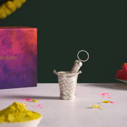 Silver Holi Mini Pichkari And Bucket Set Of 2 With Gift Box