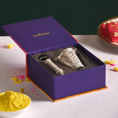 Silver Holi Mini Pichkari And Bucket Set Of 2 With Gift Box