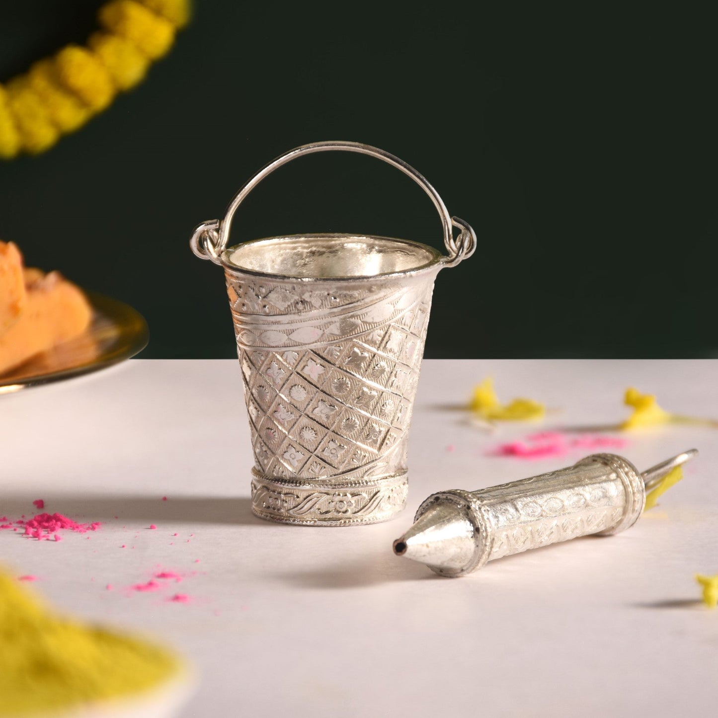 Silver Holi Mini Pichkari And Bucket Set Of 2 With Gift Box