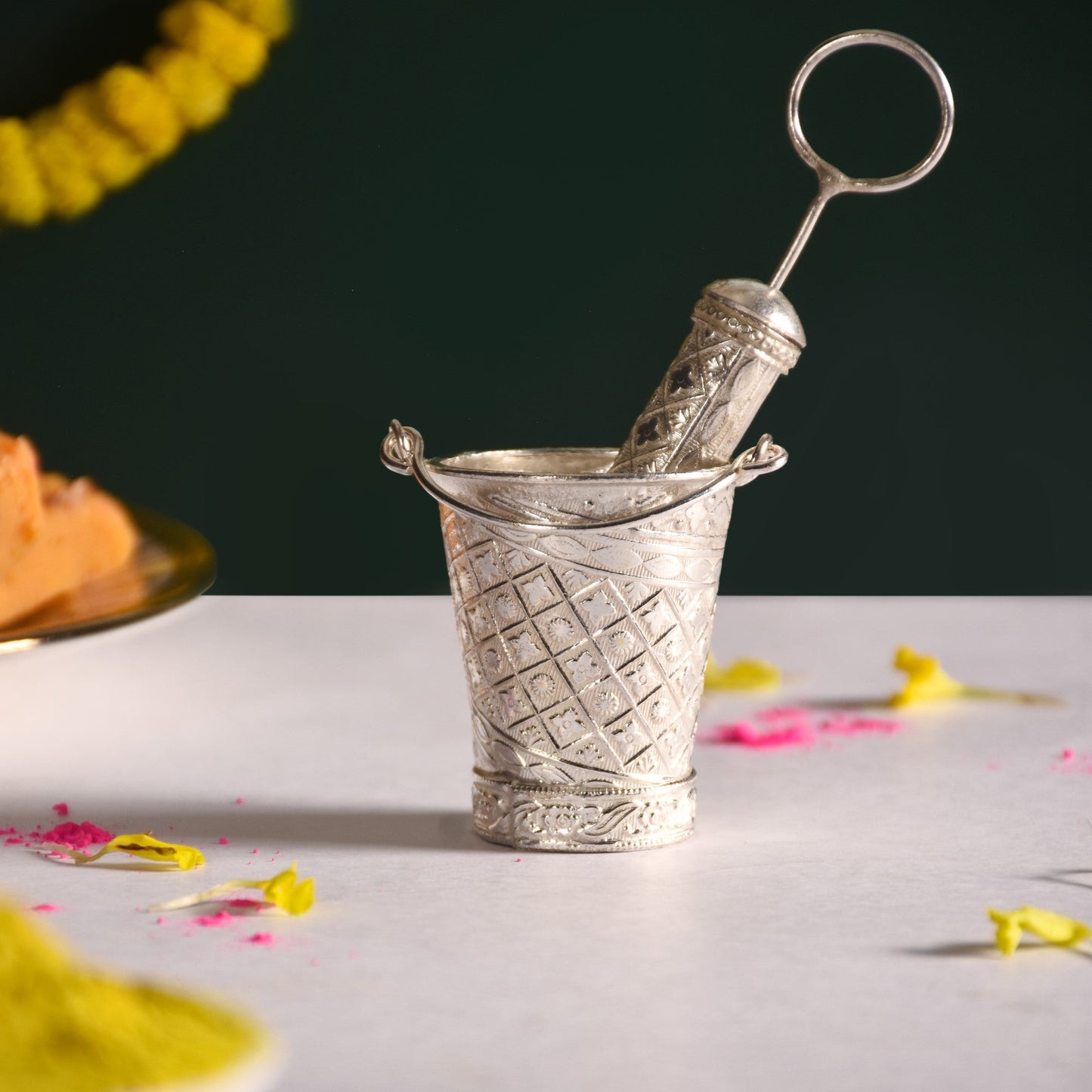 Silver Holi Mini Pichkari And Bucket Set Of 2 With Gift Box
