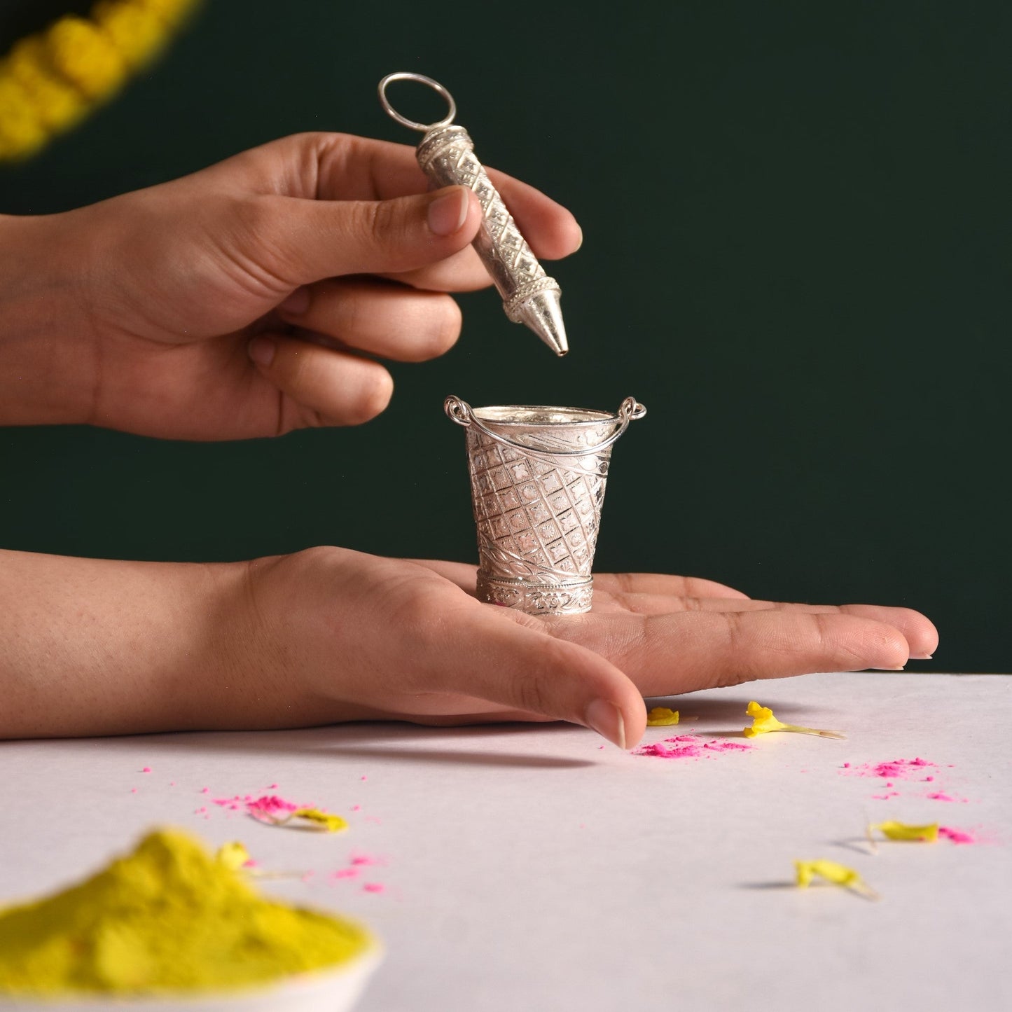 Silver Holi Mini Pichkari And Bucket Set Of 2 With Gift Box
