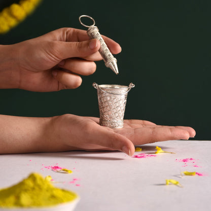 Silver Holi Mini Pichkari And Bucket Set Of 2 With Gift Box