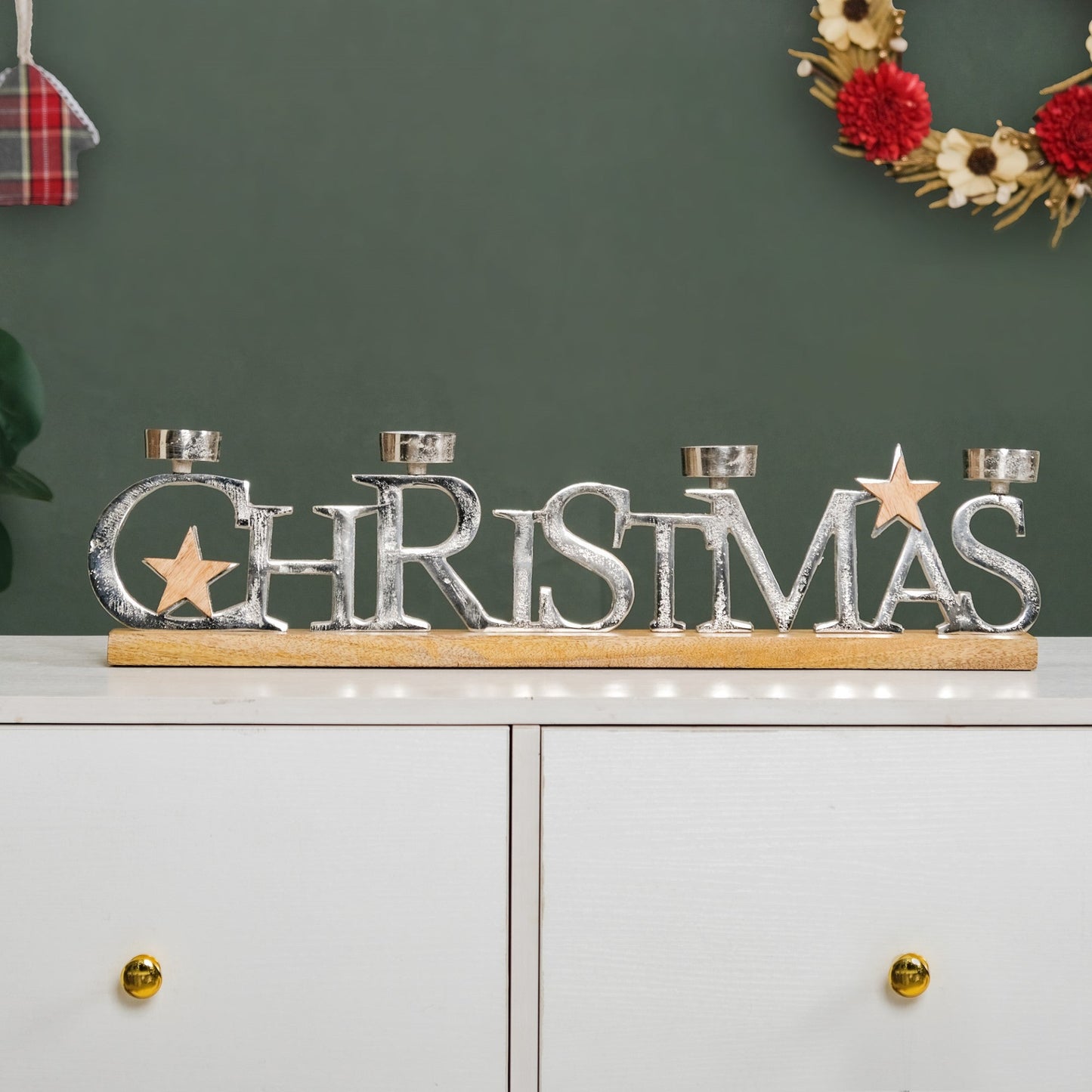 Christmas Lettering Tea Light Holder With Wooden Base Large