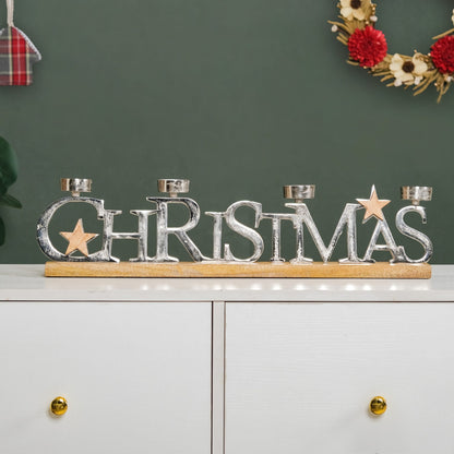 Christmas Lettering Tea Light Holder With Wooden Base Large