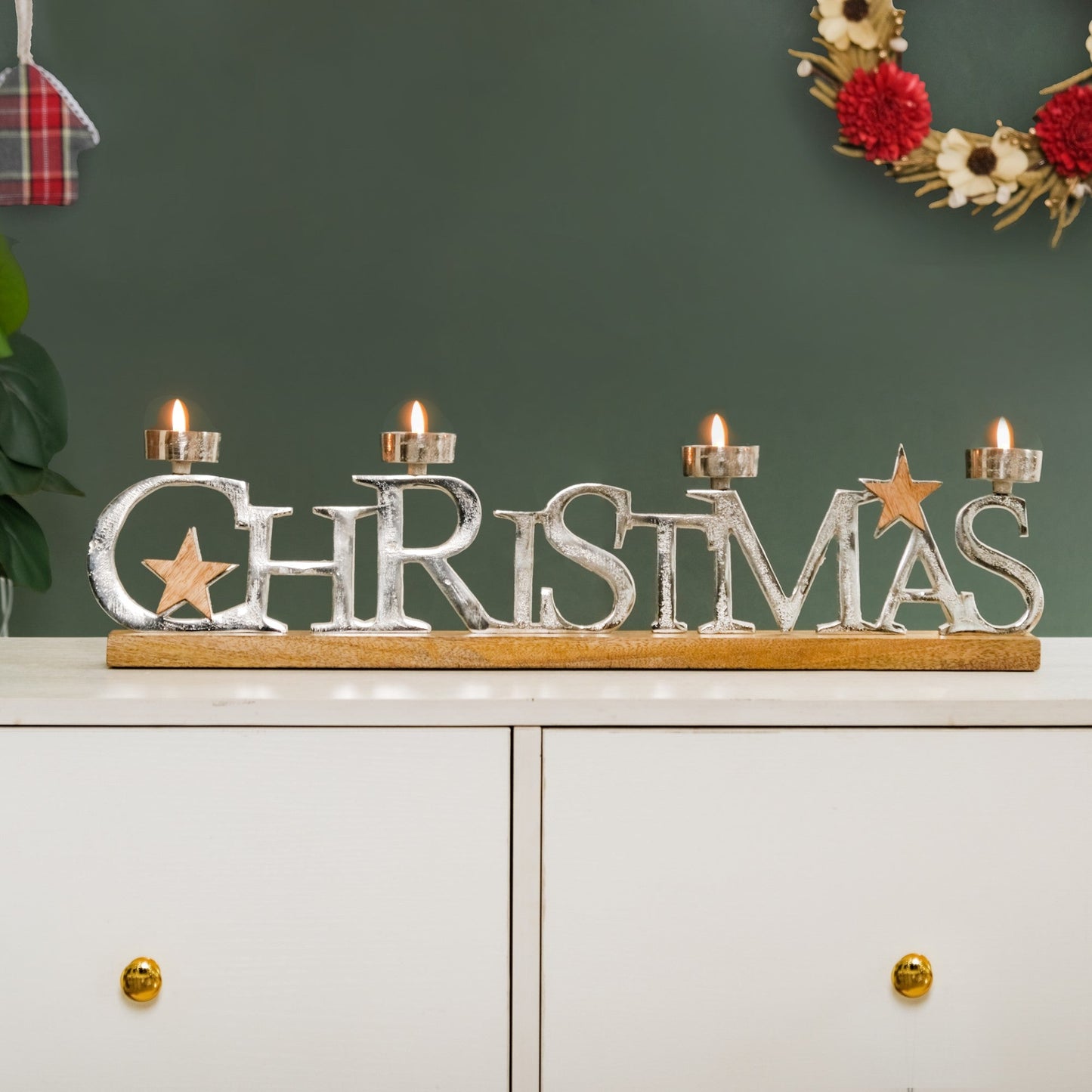 Christmas Lettering Tea Light Holder With Wooden Base Large