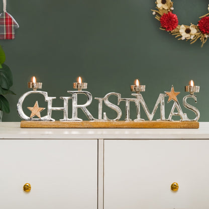 Christmas Lettering Tea Light Holder With Wooden Base Large