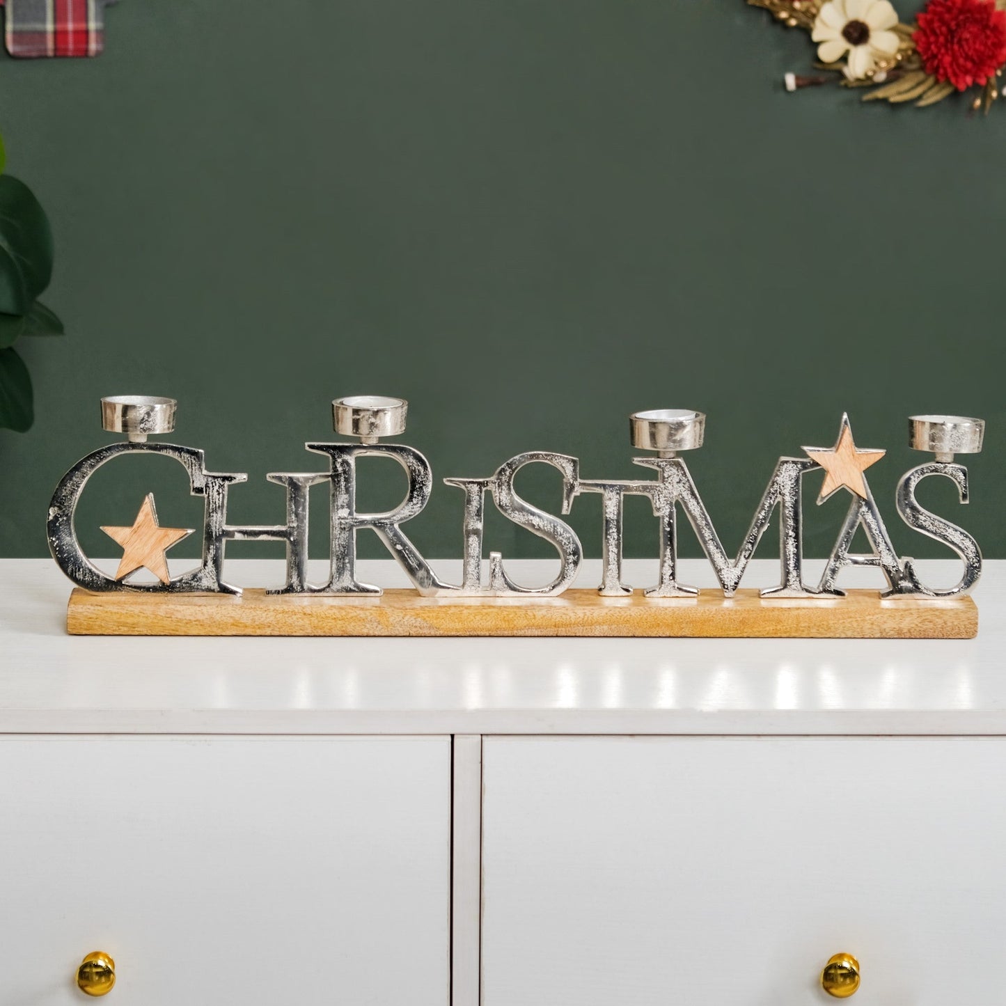 Christmas Lettering Tea Light Holder With Wooden Base Large
