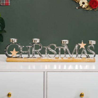 Christmas Lettering Tea Light Holder With Wooden Base Large