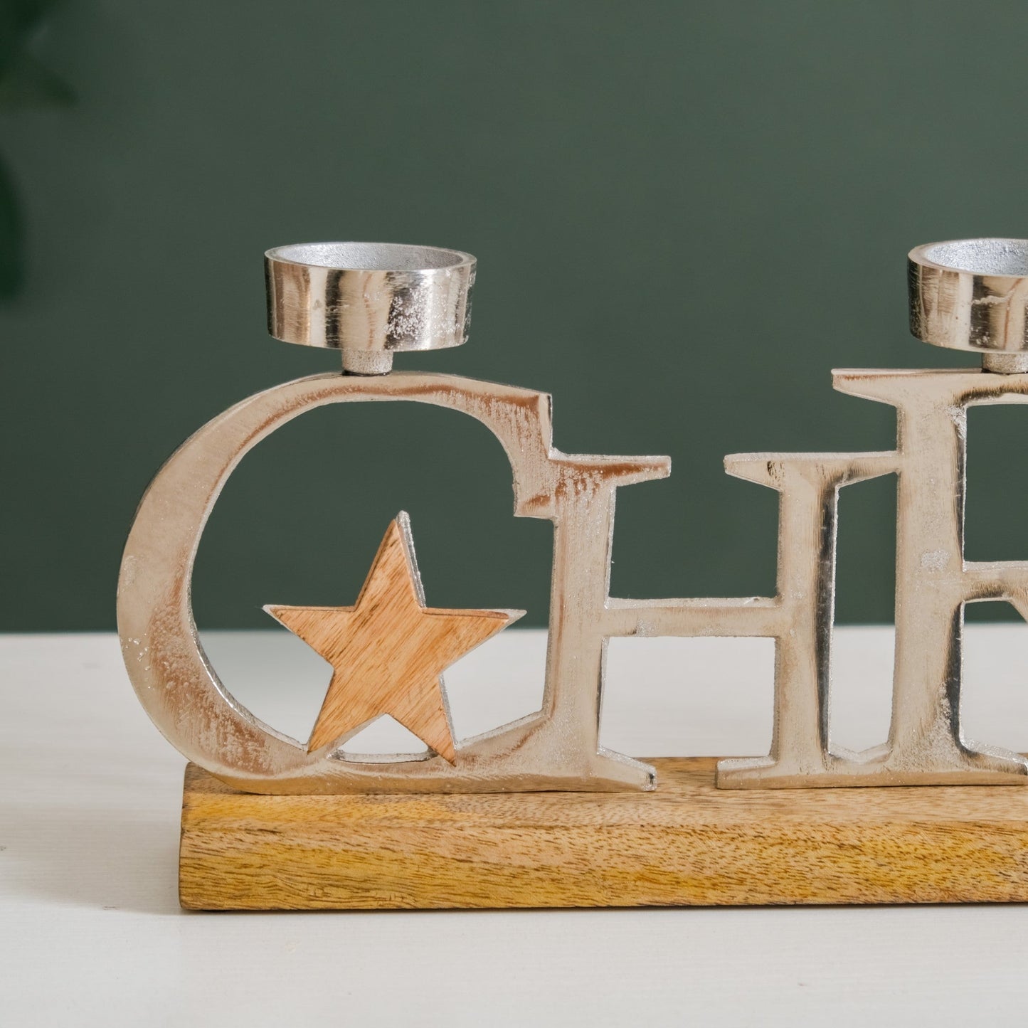 Christmas Lettering Tea Light Holder With Wooden Base Large