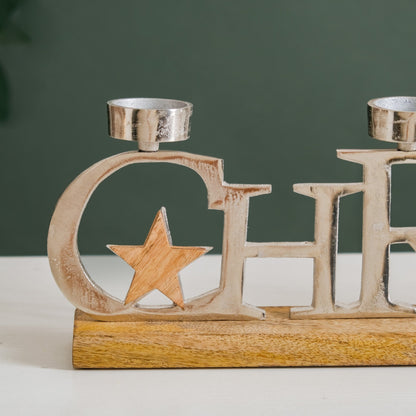 Christmas Lettering Tea Light Holder With Wooden Base Large