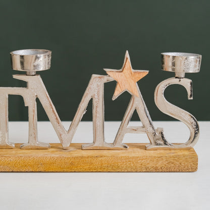 Christmas Lettering Tea Light Holder With Wooden Base Large