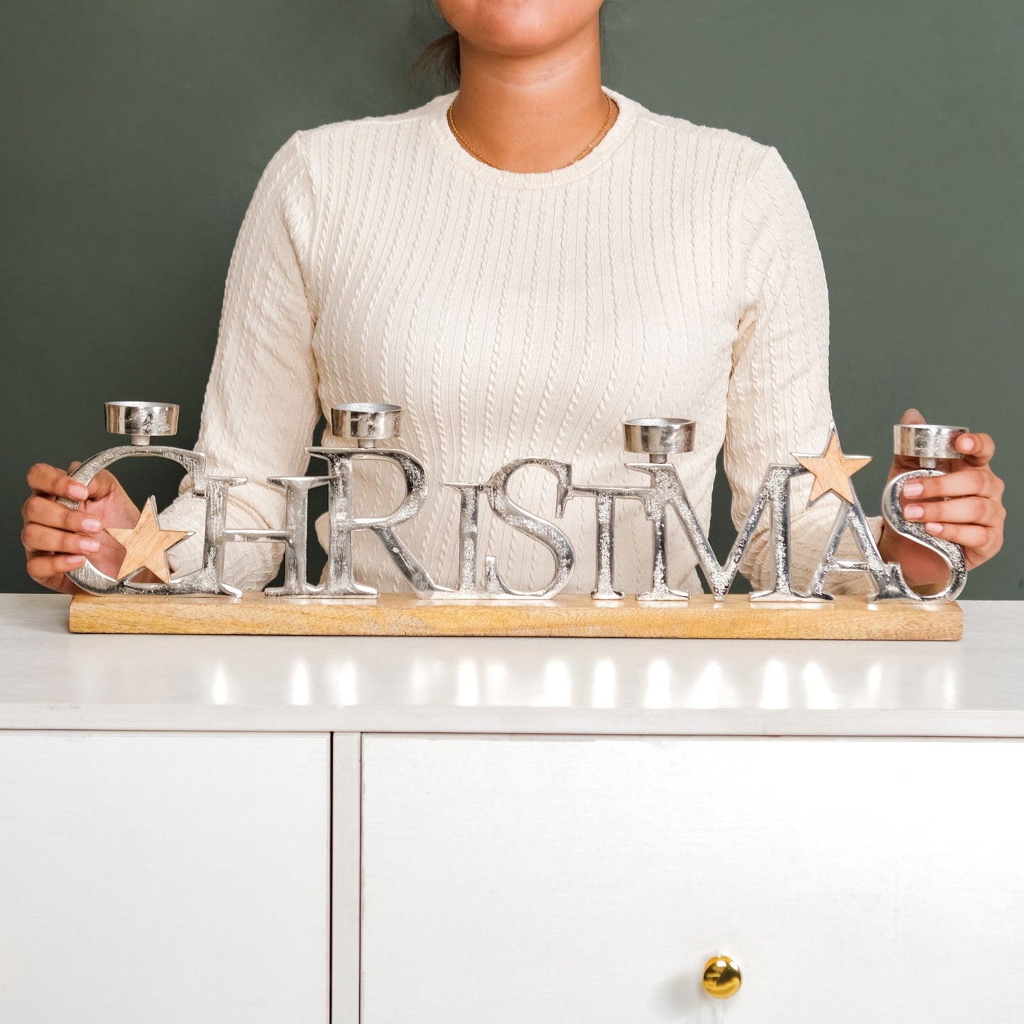 Christmas Lettering Tea Light Holder With Wooden Base Large