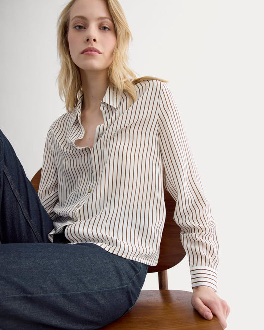 Shrunken Top in Washable Silk | Bone / Toffee Stripe