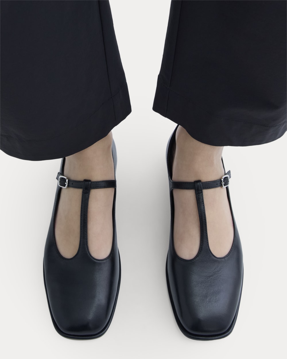 The Leather T-Strap Flat | Black