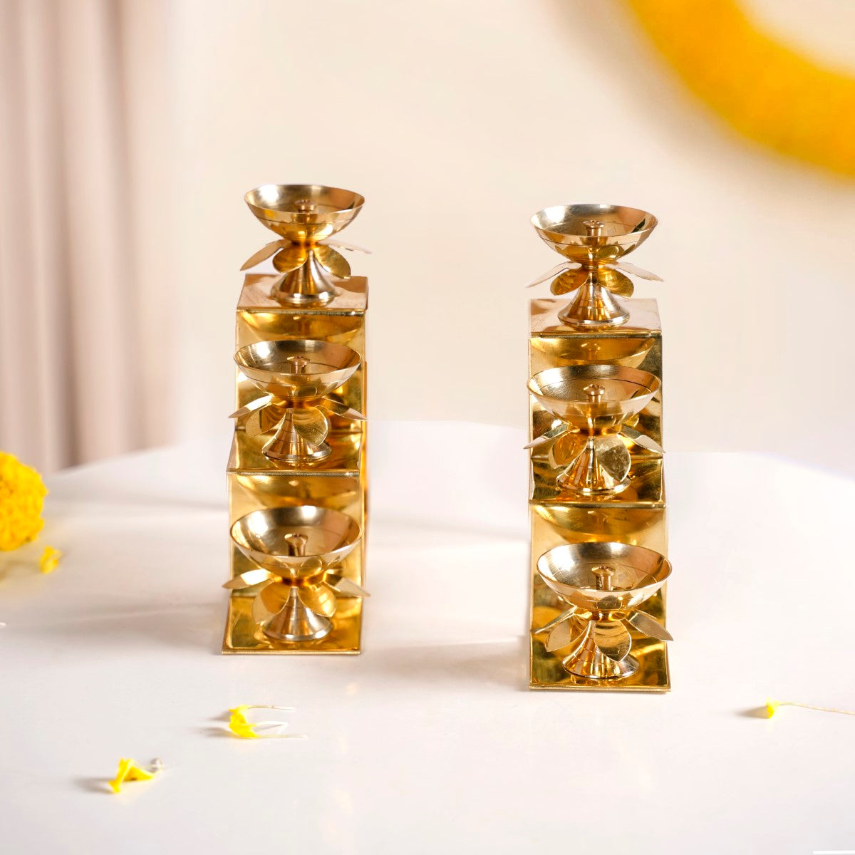 Brass Step Decorative Flower Diya Stand Set Of 2 Gold