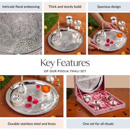 Embossed Silver Pooja Thali Set Of 7 With Kalash Spoon Bowl Bell Diya