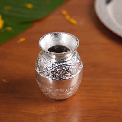 Embossed Silver Pooja Thali Set Of 7 With Kalash Spoon Bowl Bell Diya