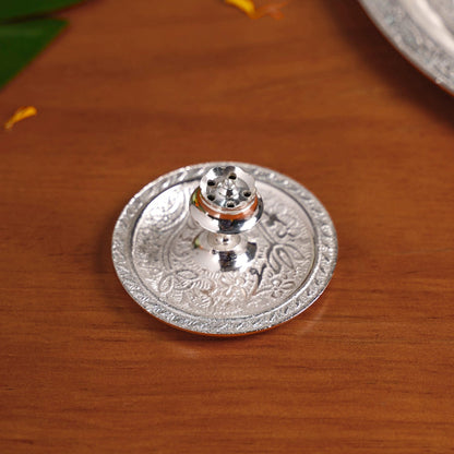 Embossed Silver Pooja Thali Set Of 7 With Kalash Spoon Bowl Bell Diya
